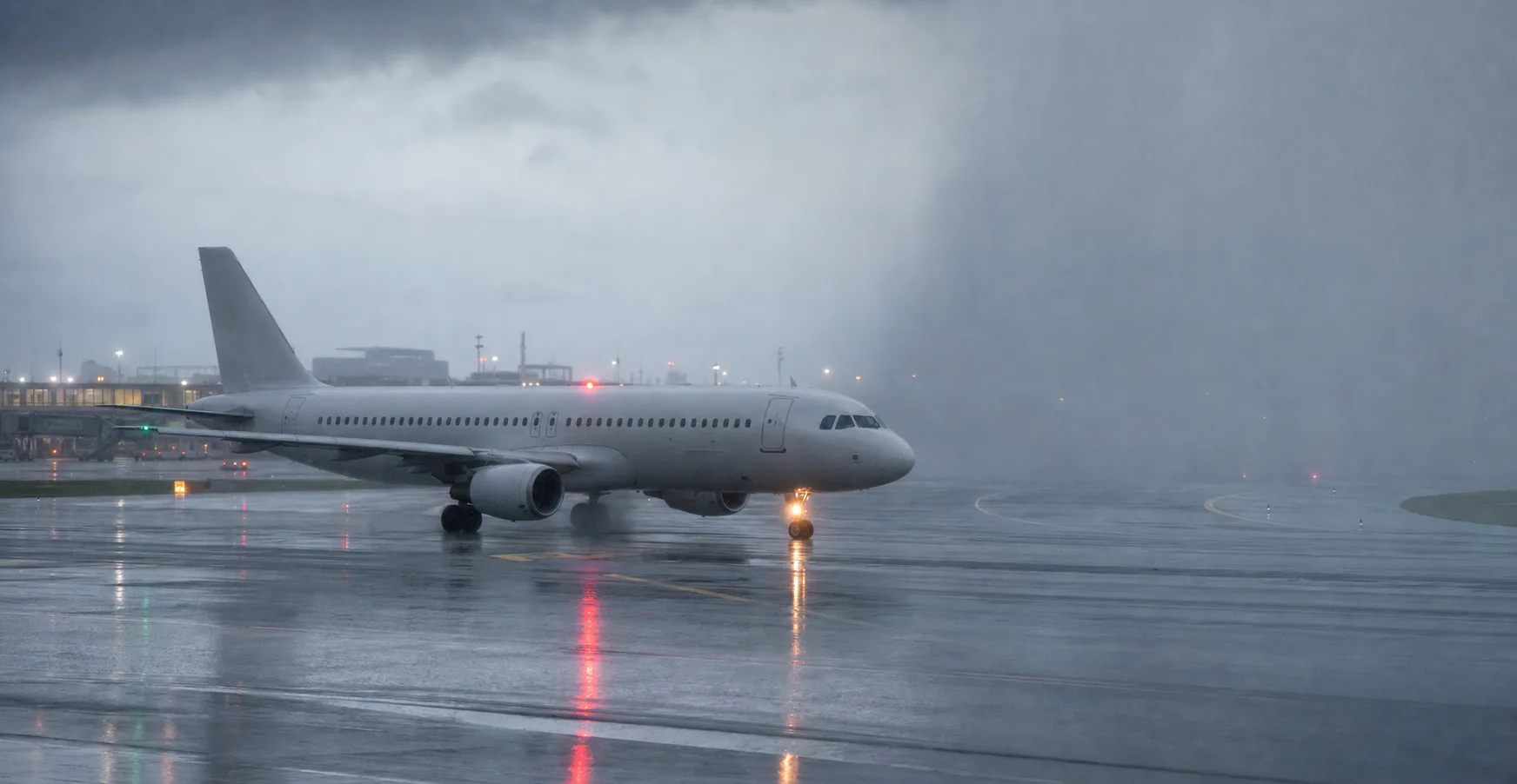 An unbranded passenger aircraft taxiing through heavy rain on a reflective apron.