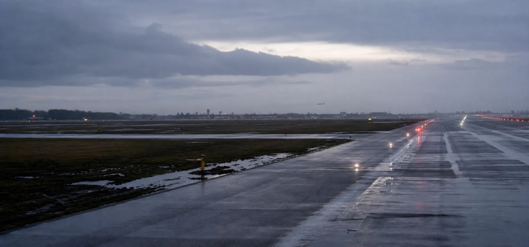 A wet airport runway at first light, with approach lights receding into low cloud.