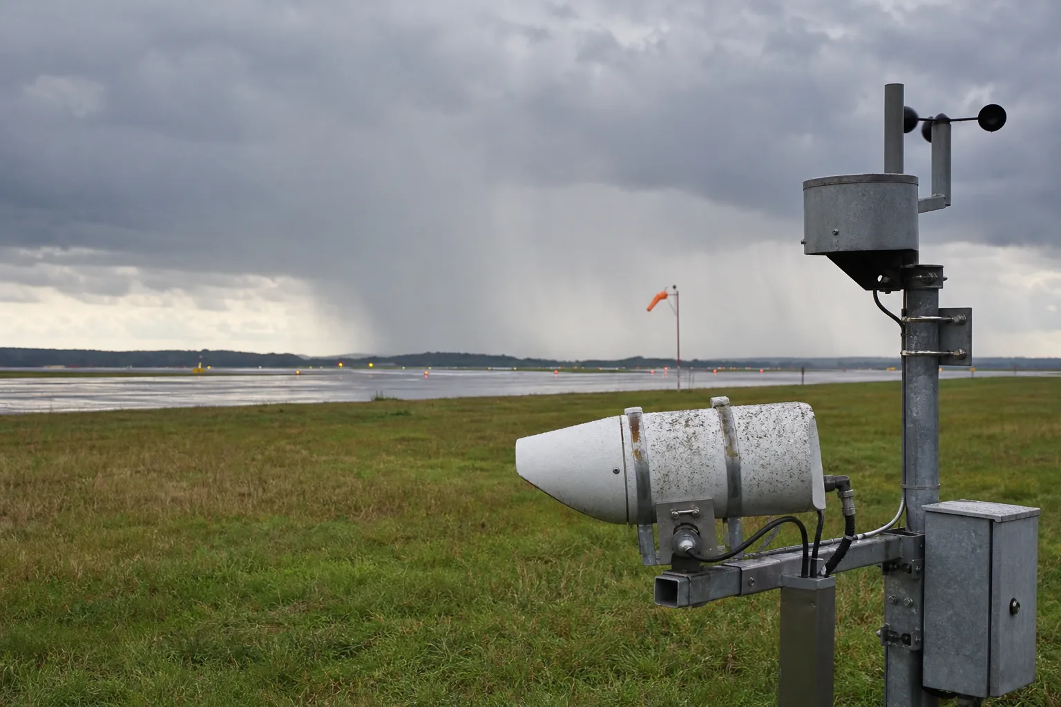 An aerodrome weather sensor beside a runway during a passing rain shower.